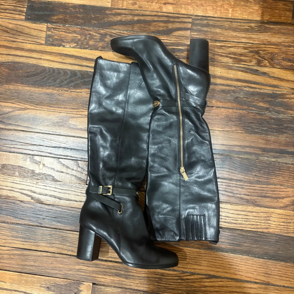 Michael Kors Arley Black Leather‎ Knee High Boots Gold Zipper Size 8 - Picture 4 of 8